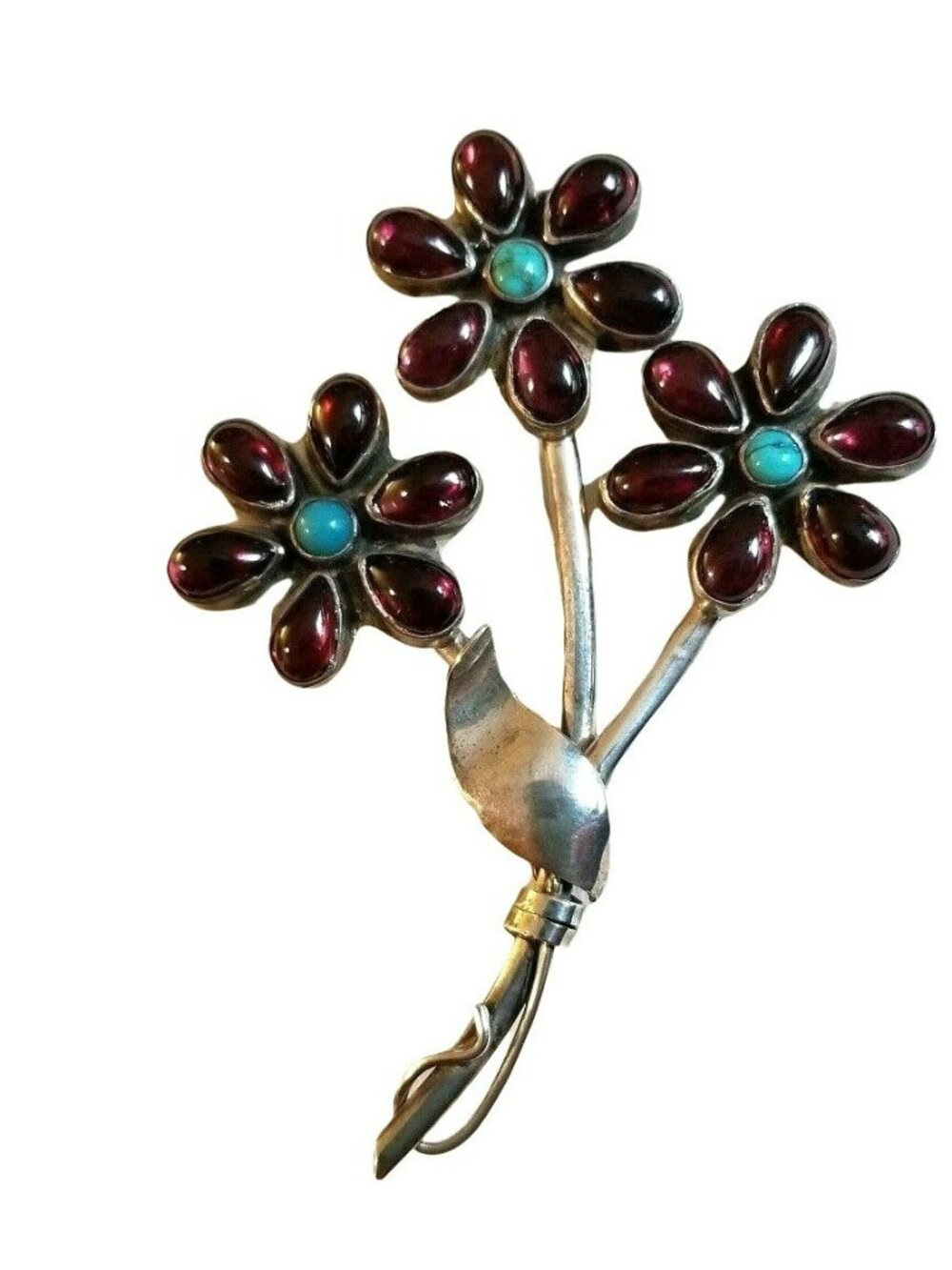 Artisan Brooch Sterling Silver Garnet Turquoise Flower Pin JS14